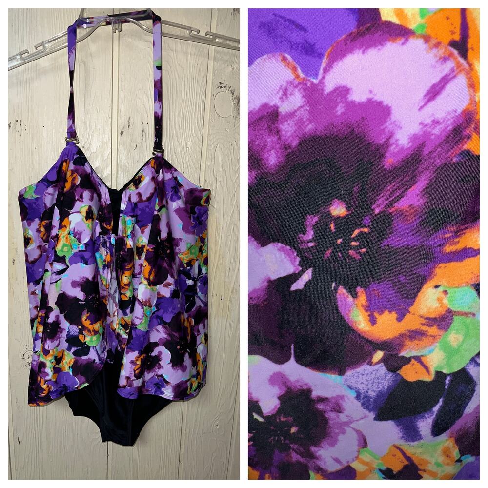 St. Tropez Swimsuit Womens 20W Swim Fly Away Tie Front Pansy Floral Halter Neck